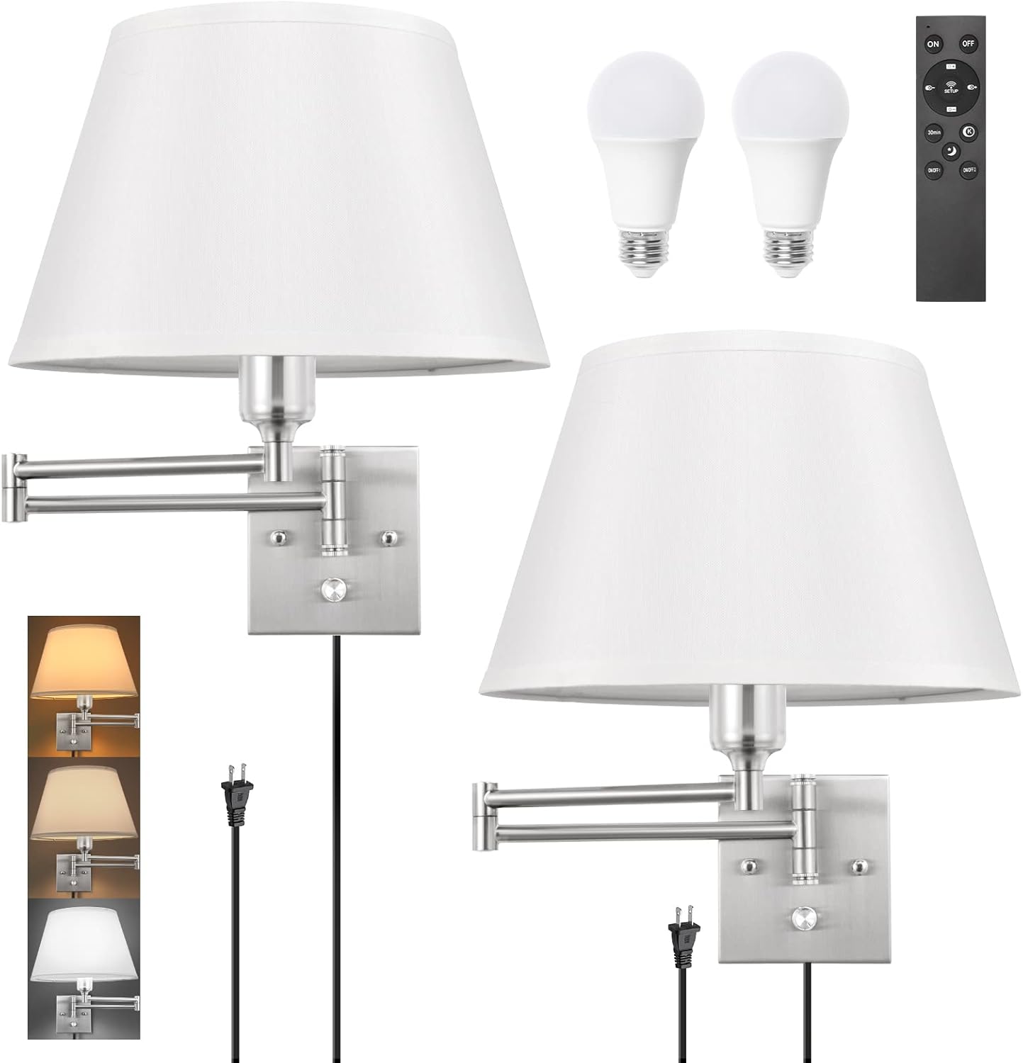 TRLIFE Wall Sconce Plug in, Dimmable Wall Sconces Set of Two Swing Arm Wall Lights with Plug in Cord and On/Off Dimmer Rotary Switch, 9.4" Medium Beige Fabric Shade(2 Pack, 2 Bulbs)