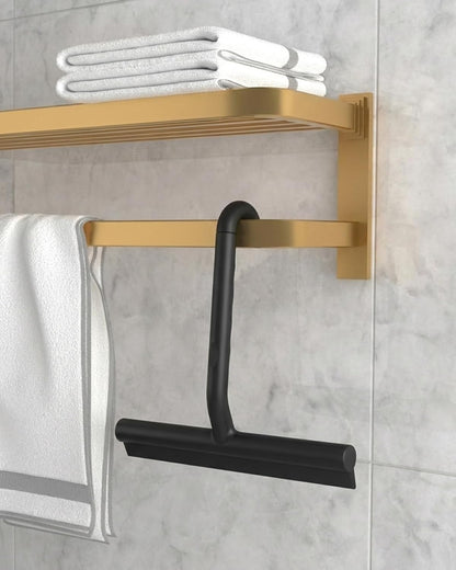 2-in-1 Silicone Shower Squeegee with Hook,Dual-Sided Design with Scraper & Scrub Surface,Rust-Proof Stainless Core,Streak-Free Bathroom Squeegee for Glass Doors,Mirrors,Windows,Car Windshields (Black)