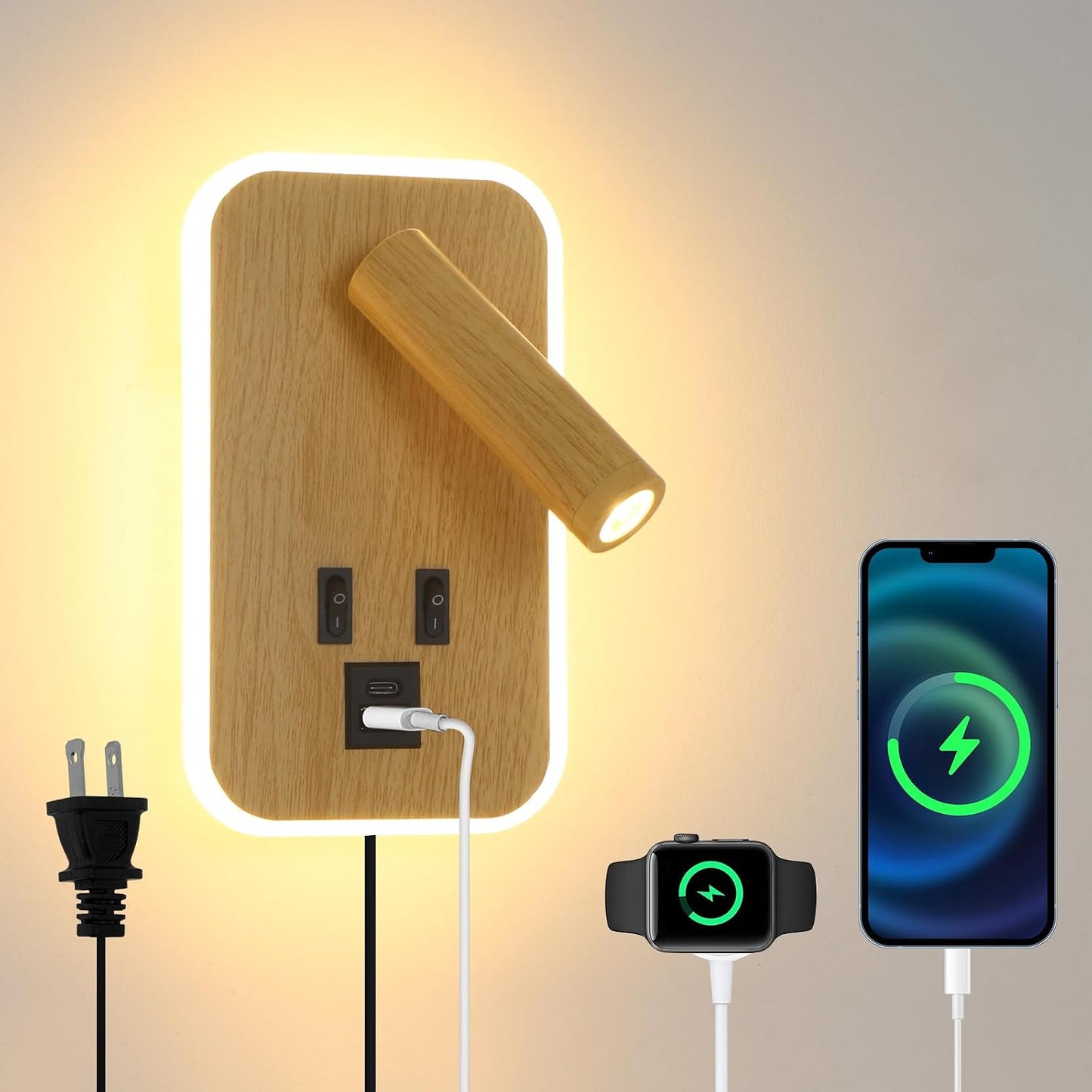 Plug in Wall Sconce with Wall Mounted Reading Lights with Switch | Wall Lamp for Bedroom with Charging Station USB C+A Ports,Bunk Bed Lights with 3W+9W Night Light,Walnut Color Reading Light