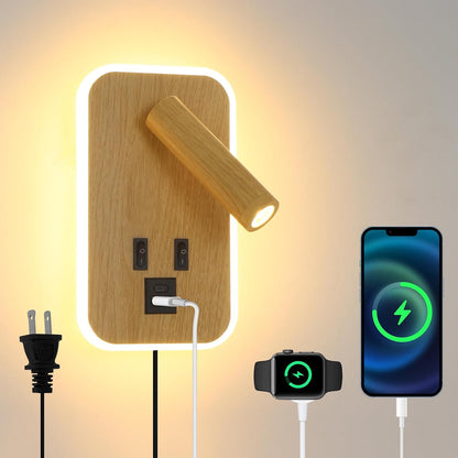 Plug in Wall Sconce with Wall Mounted Reading Lights with Switch | Wall Lamp for Bedroom with Charging Station USB C+A Ports,Bunk Bed Lights with 3W+9W Night Light,Walnut Color Reading Light