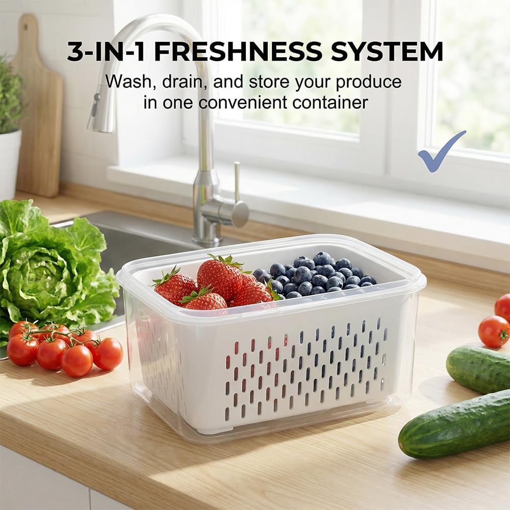 4-in-1 Large Fruit Storage Container with Removable Colander, Leakproof Produce Keeper for Fridge, BPA-Free & Microwave Safe Food Organizer (Grey, S+M+L)