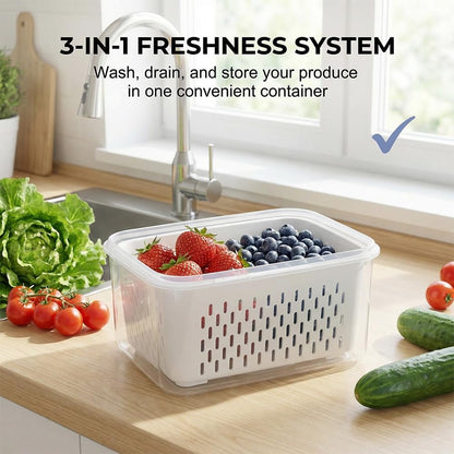 4-in-1 Large Fruit Storage Container with Removable Colander, Leakproof Produce Keeper for Fridge, BPA-Free & Microwave Safe Food Organizer (Grey, S+M+L)