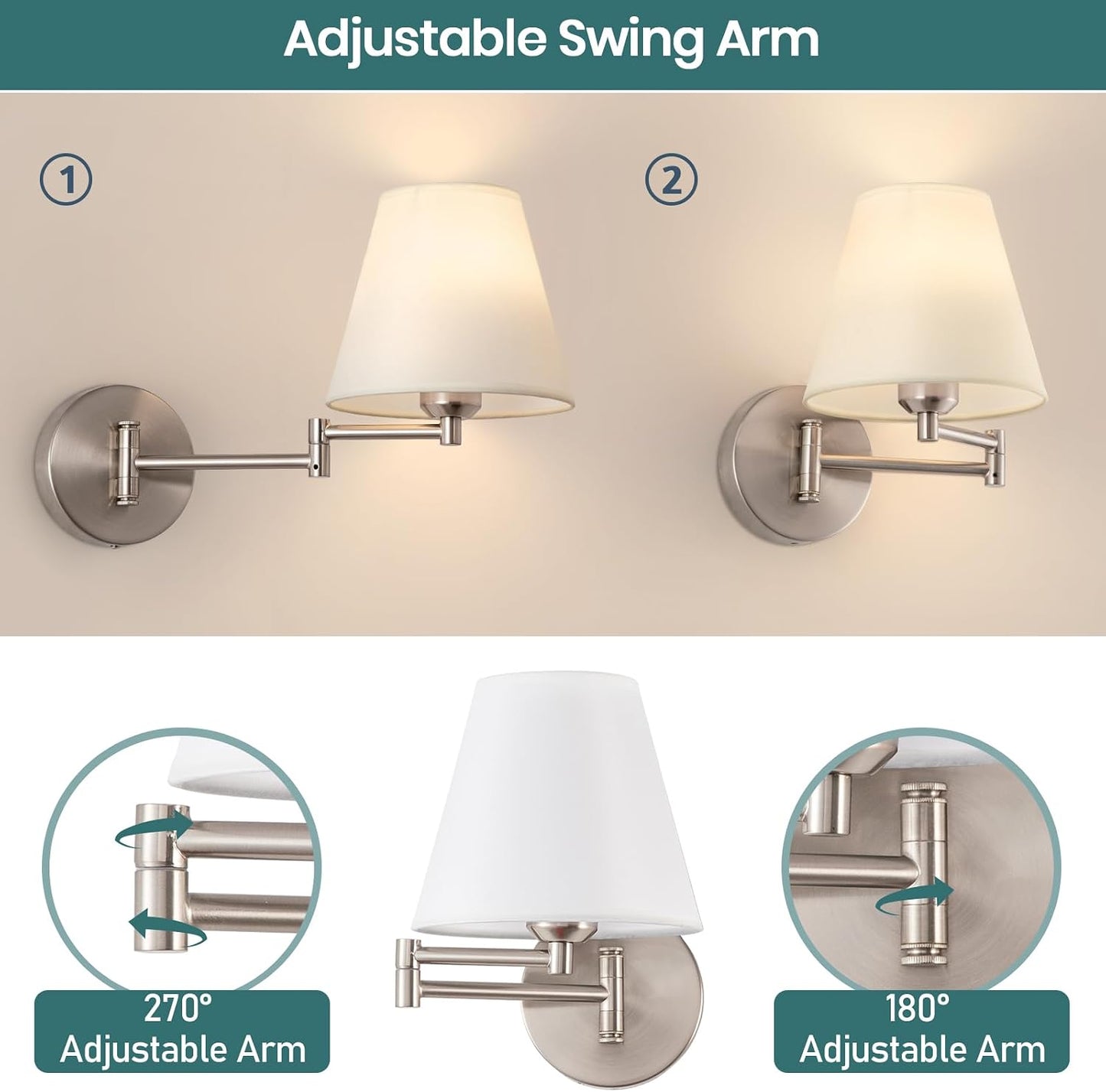 Cordless Battery Operated Wall Sconces Set of 2, Black Swing Arm Wall Sconce, Rechargeable Wall Mounted Reading Light Bedside Wall Lamp, Wireless Wall Sconce Fixtures for Bedside, Hallway, Study