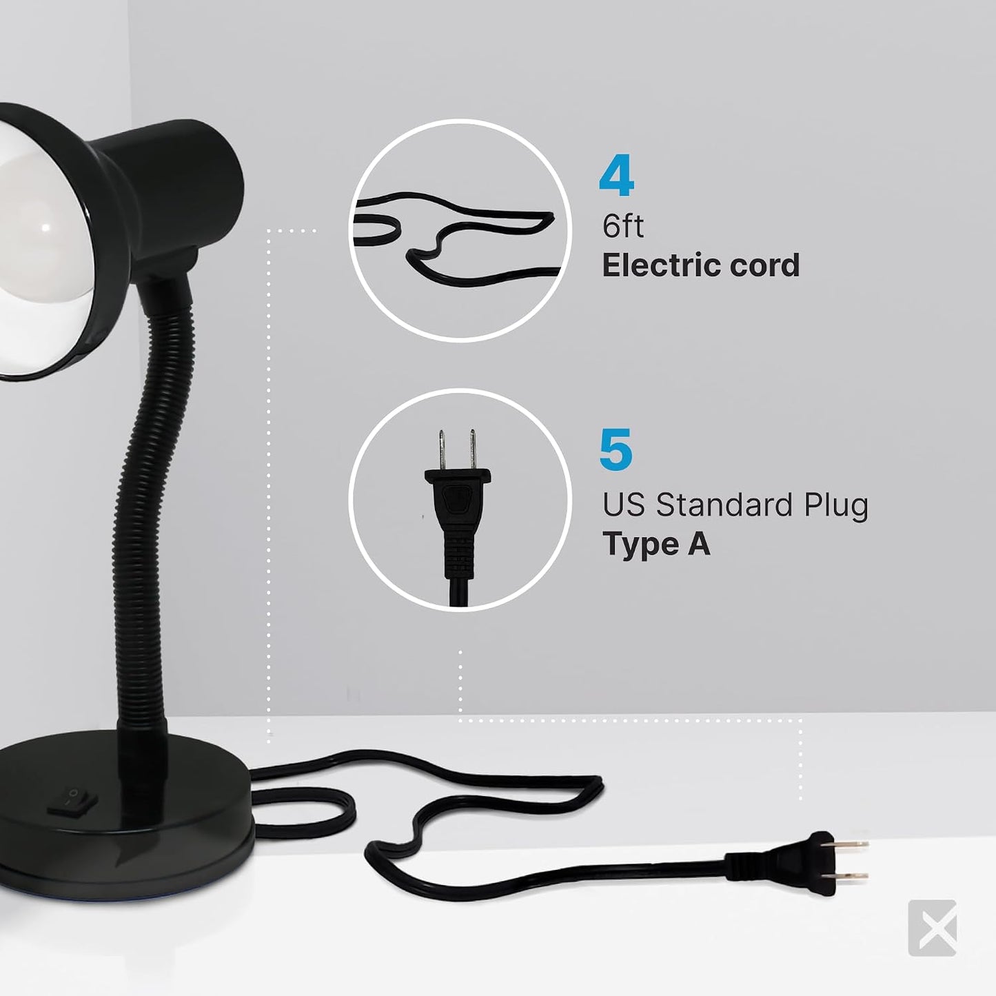 Xtricity LED Clip on Desk Lamp with 360° Flexible Gooseneck, White Finish | Reading Light for Bed Headboard– A19 Bulb Included, 120V, On/Off Switch, 10.25” Height Table Lamp