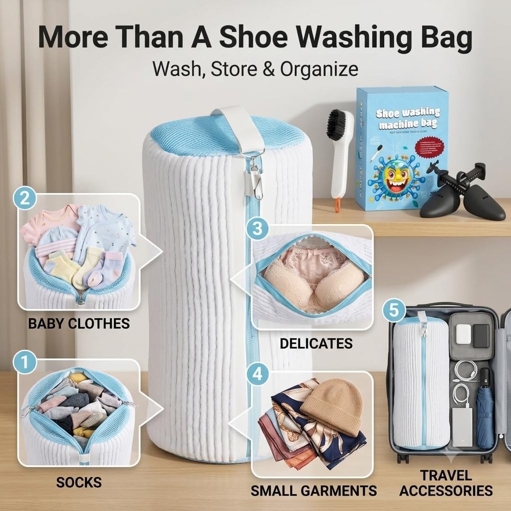 Shoe Washing Machine Bag with Brush & Trees Reusable Laundry Shoe Bag Set | 2pc Reusable Sneaker Washing Bag Kit with Zip Protection shoe cleaning bag 3k chenille material 360 deep Clean Shoe Wash Bags