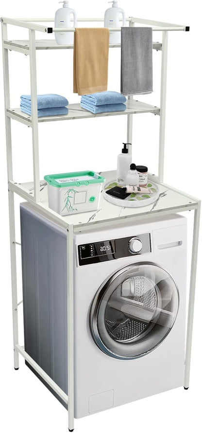 Washer and Dryer Storage Rack, 3 Tier Over The Washer and Dryer Storage Shelf, Bathroom Space Saving Organizer Shelves Space Saver Standing Rack for Bathrooms, Laundry Rooms (White+ Log)