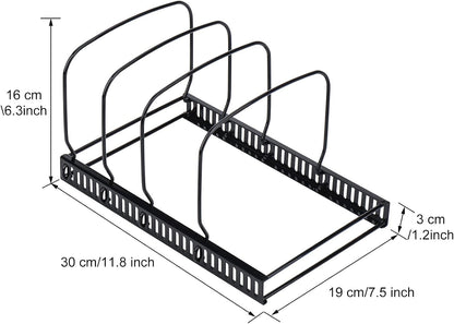Toplife Pot Lids Organizer Rack for Cabinet and Countertop, 7+ Pan Lids and Bakeware Organizer Rack Holder with 7 Adjustable Compartments - Black