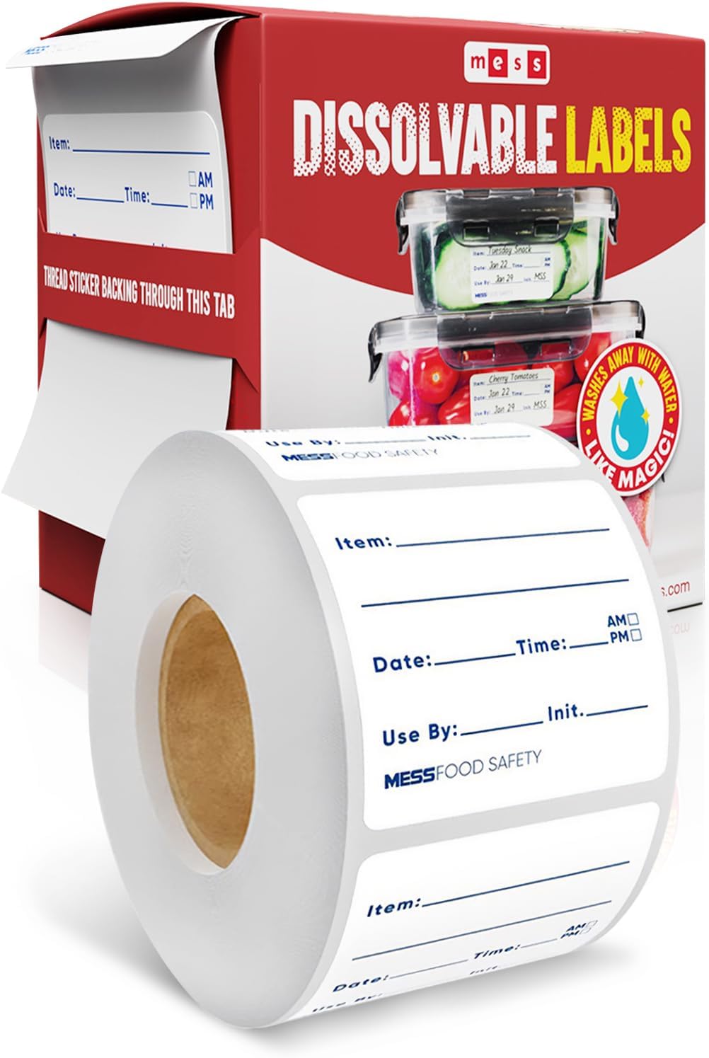 MESS Dissolvable Food Labels, Blank, 1x2 500/Roll - Dissolves in 30 Seconds or Less - Removable Pantry, Meal Prep & Food Storage Labels - Canning & Freezer Use