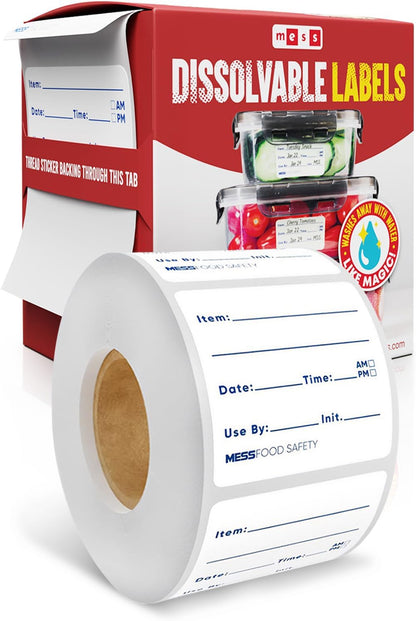 MESS Dissolvable Food Labels, Blank, 1x2 500/Roll - Dissolves in 30 Seconds or Less - Removable Pantry, Meal Prep & Food Storage Labels - Canning & Freezer Use