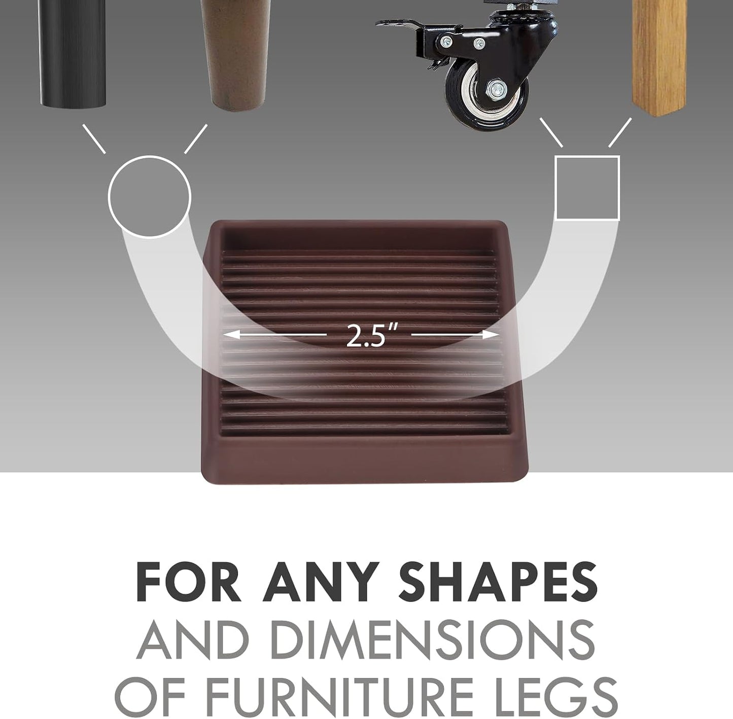 3X3 Square Rubber Caster Cups, Non Slip Furniture Pads - 4 Pack | Anti-Slip Furniture Gripper, Anti Skid Furnitures Feet, Anti Slide Floor Protector for Bed Couch Stoppers, Brown