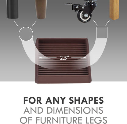 3X3 Square Rubber Caster Cups, Non Slip Furniture Pads - 4 Pack | Anti-Slip Furniture Gripper, Anti Skid Furnitures Feet, Anti Slide Floor Protector for Bed Couch Stoppers, Brown