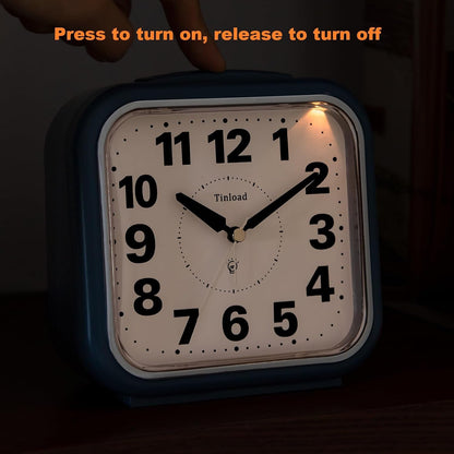 Tinload 5.5" Large No Ticking Analog Alarm Clock,Silent Readable for Seniors,Easy to Set,Gradual Rise Alarm,Big Numbers,Gentle Wake,Snooze, Lighted on Demand,Battery Operated,Black