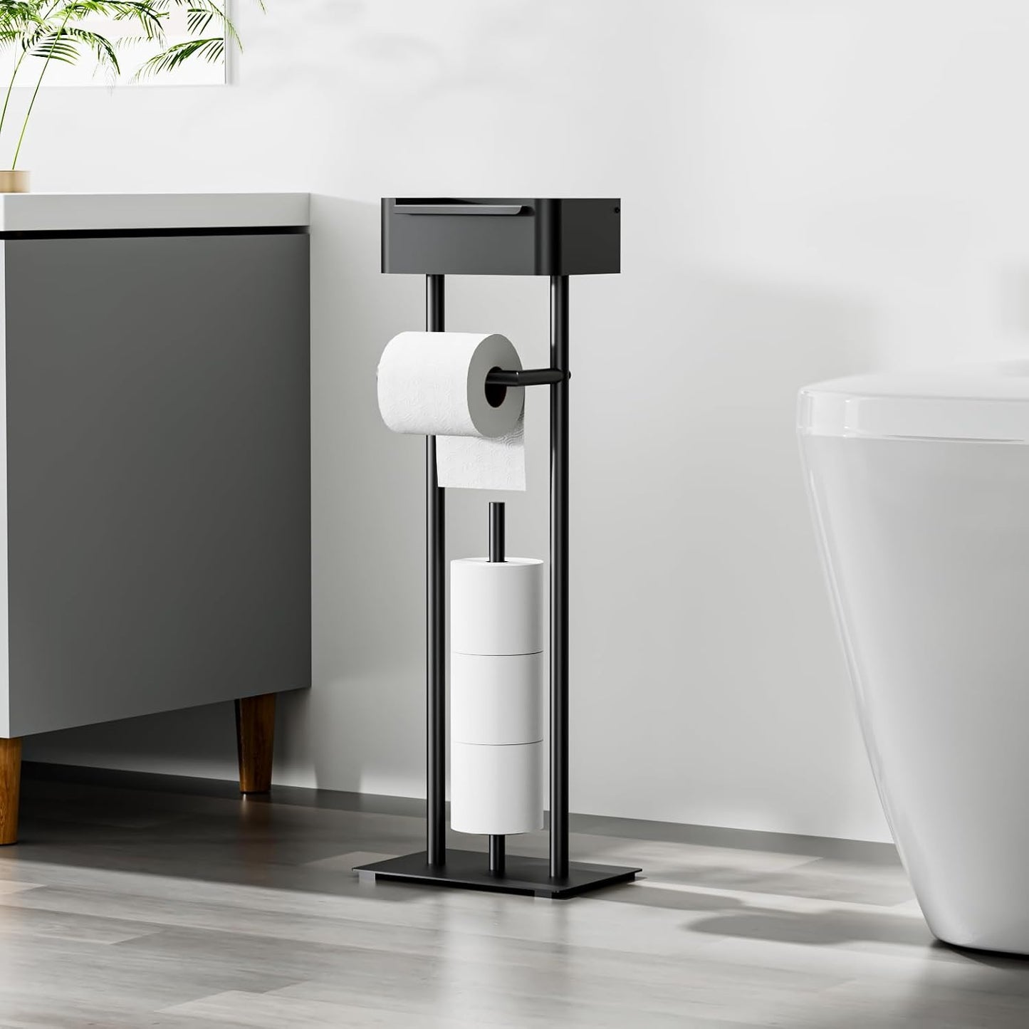 Toilet Paper Holder Free Standing - Toilet Paper Stand with Shelf | Storage for 4 Rolls- Bathroom Organizers, No Drill, for Large Toilet Rolls, 29.7 inch*12.6 inch (Matte Black)