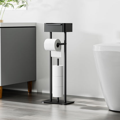 Toilet Paper Holder Free Standing - Toilet Paper Stand with Shelf | Storage for 4 Rolls- Bathroom Organizers, No Drill, for Large Toilet Rolls, 29.7 inch*12.6 inch (Matte Black)