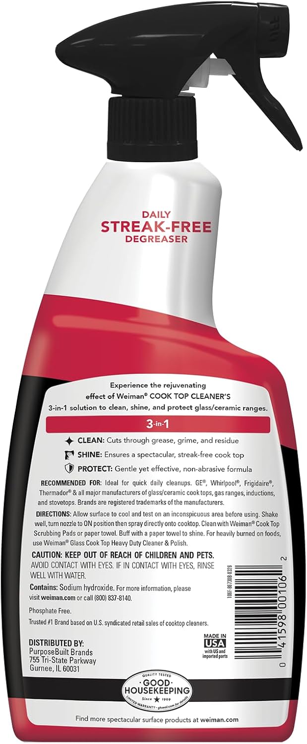 Weiman Daily Cooktop Cleaner & Degreaser, 2 Pack with Microfiber Cloth | Safe for Ceramic, Electirc, Gas & Induction Cooktop, Non-Abrasive Cleaner for Burnt-On Food & Grease, Scratch & Streak-Free