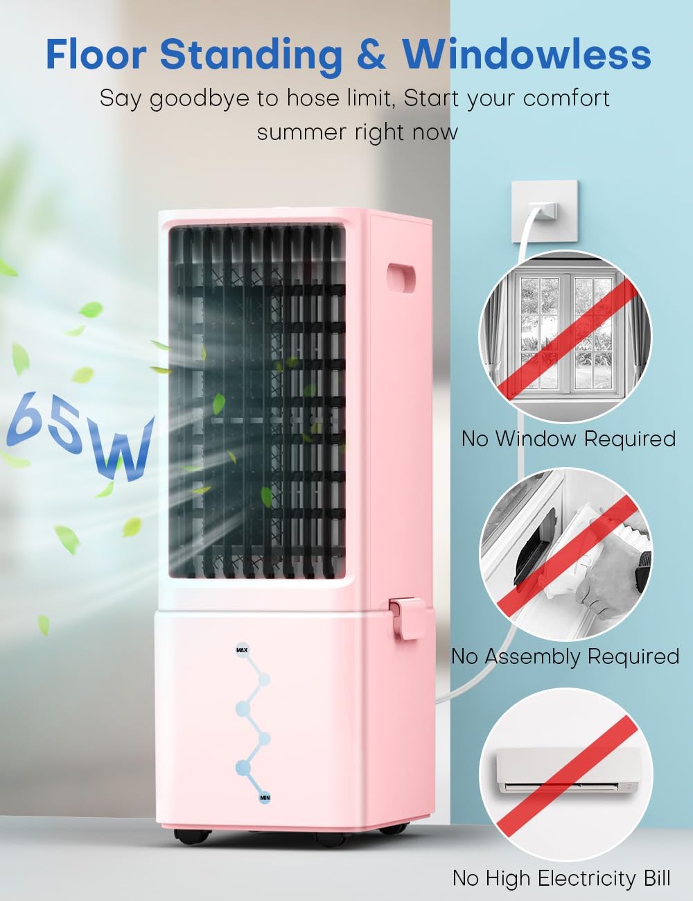 Portable Air Conditioners 4 Modes&3 Speeds,4 Ice Packs, Waterless Alert System, 12H Timer, Remote,1 Gal Detachable Water Tank, 70°Oscillation Windowless Evaporative Air Cooler for Room Office
