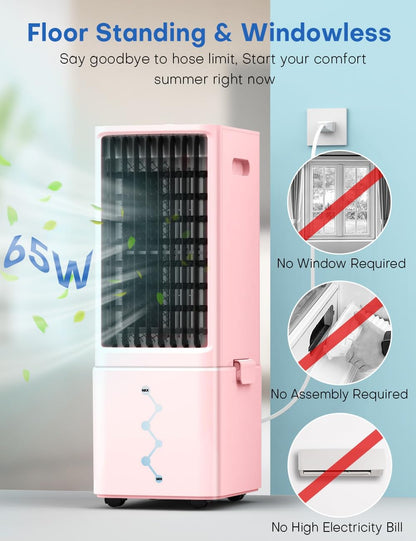 Portable Air Conditioners 4 Modes&3 Speeds,4 Ice Packs, Waterless Alert System, 12H Timer, Remote,1 Gal Detachable Water Tank, 70°Oscillation Windowless Evaporative Air Cooler for Room Office