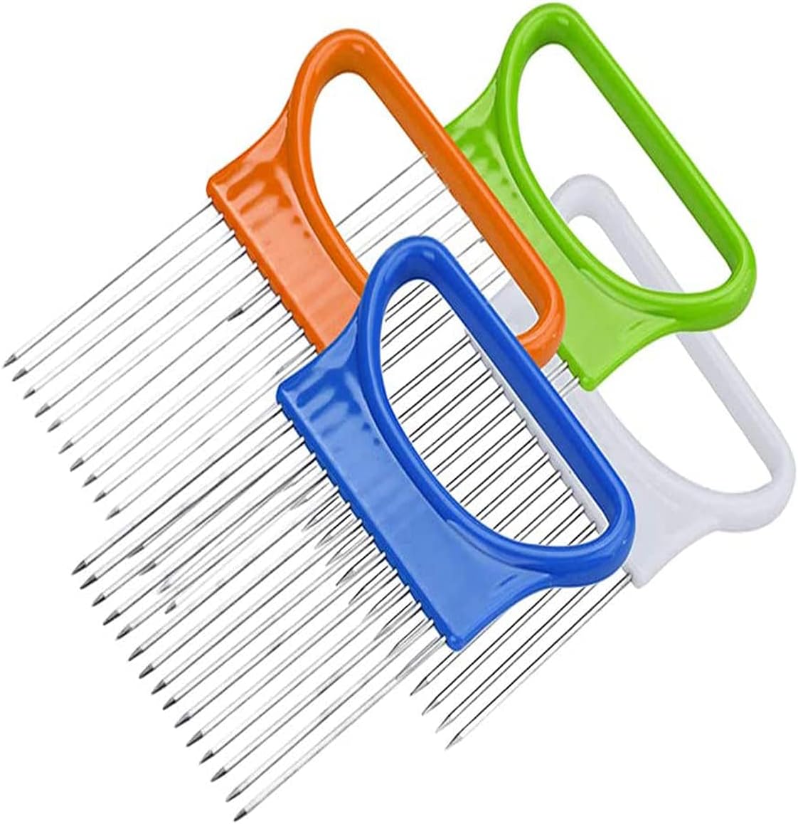 4PCS Onion Holder Slicer Set,Stainless Steel Fruit Tomato Lemon Potato Vegetable Holder Slicer Crinkle Cutter Tool for Kitchen Worker Slicing,Onion Cutter French Fry Cutter,4 Colors