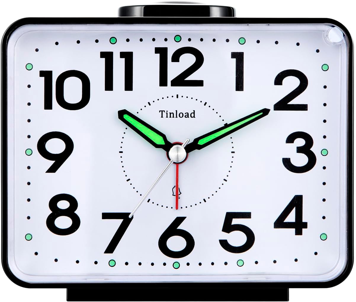 Tinload 4.2" Loud Bell Alarm Clock for Heavy Sleepers Adults, Silent No Ticking, Snooze, Lighted on Demand, Battery Operated Alarm Clocks for Bedrooms (Black)