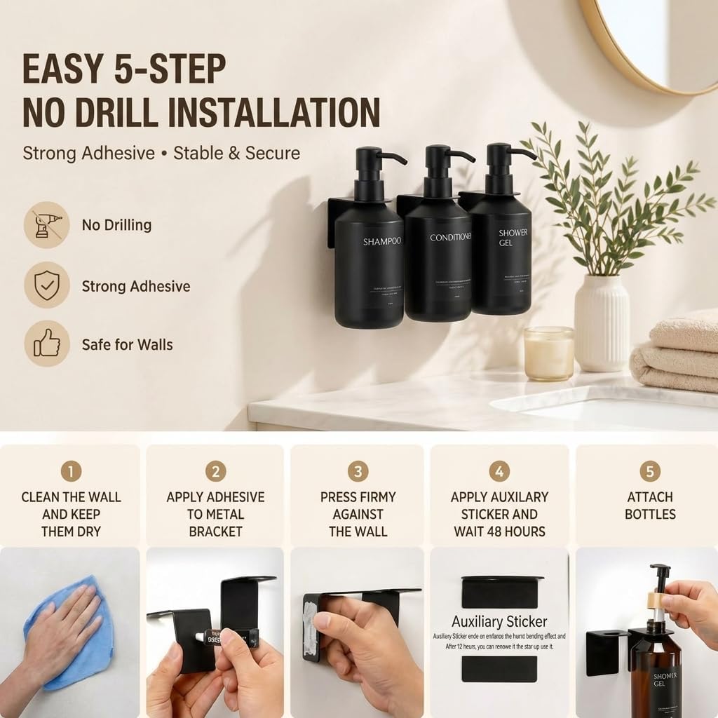 Shampoo and Conditioner Dispenser Set of 3 for Wall Mount | 16.9 fl oz Drill Free Shower Soap Bottles,Refillable Body Wash Dispensers for Bathroom Decor (Amber Bottles + Bamboo Pumps)