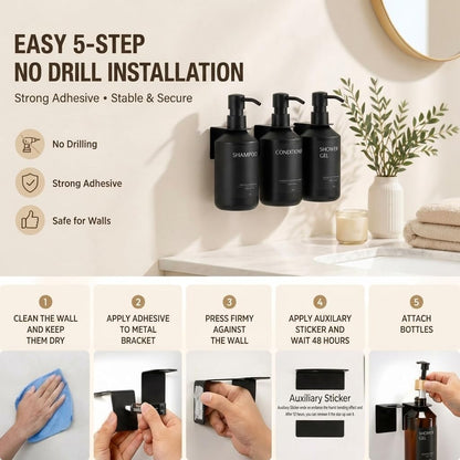 Shampoo and Conditioner Dispenser Set of 3 for Wall Mount | 16.9 fl oz Drill Free Shower Soap Bottles,Refillable Body Wash Dispensers for Bathroom Decor (Amber Bottles + Bamboo Pumps)