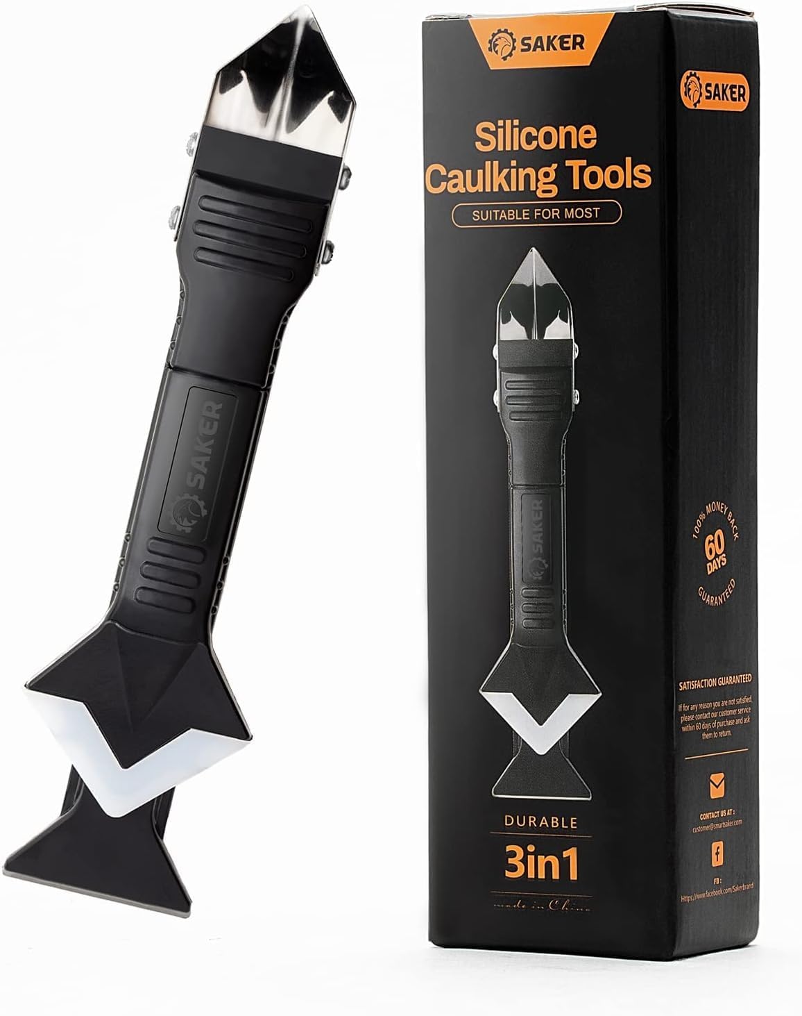 Saker Silicone Caulking Tool 3-in-1 Grout Removal Tool Classic Black | Sealant Finishing Scraper with Stainless Steelhead, Seam Repair Kit for Bathroom, Kitchen, Floor, Window and Sink Joints