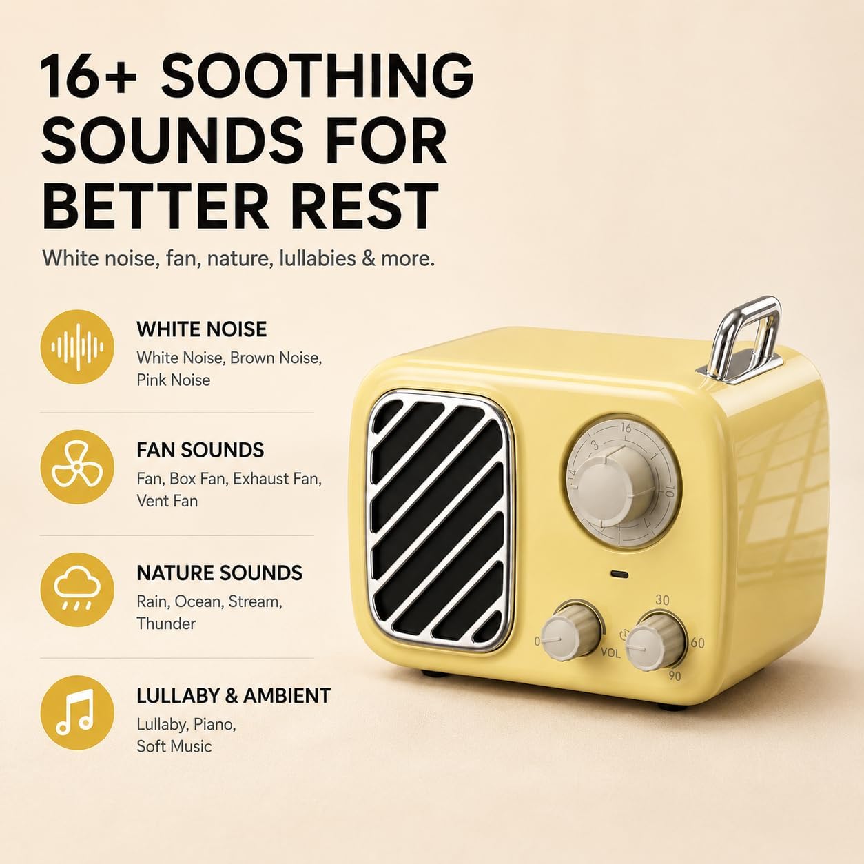 Portable White Noise Machine with Rich Sound, Non-Looping Sleep Sounds,Yellow