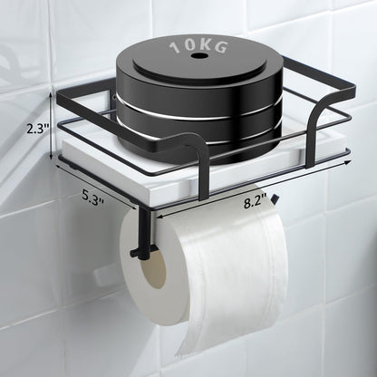 Rustic Farmhouse Toilet Paper Holder with Shelf - Farmhouse Bathroom Rustic Country Decor - Rustic Bathroom Accessories with Warm Brown Wood Shelf for Wipes&Cell Phone&Reading, Black Metal
