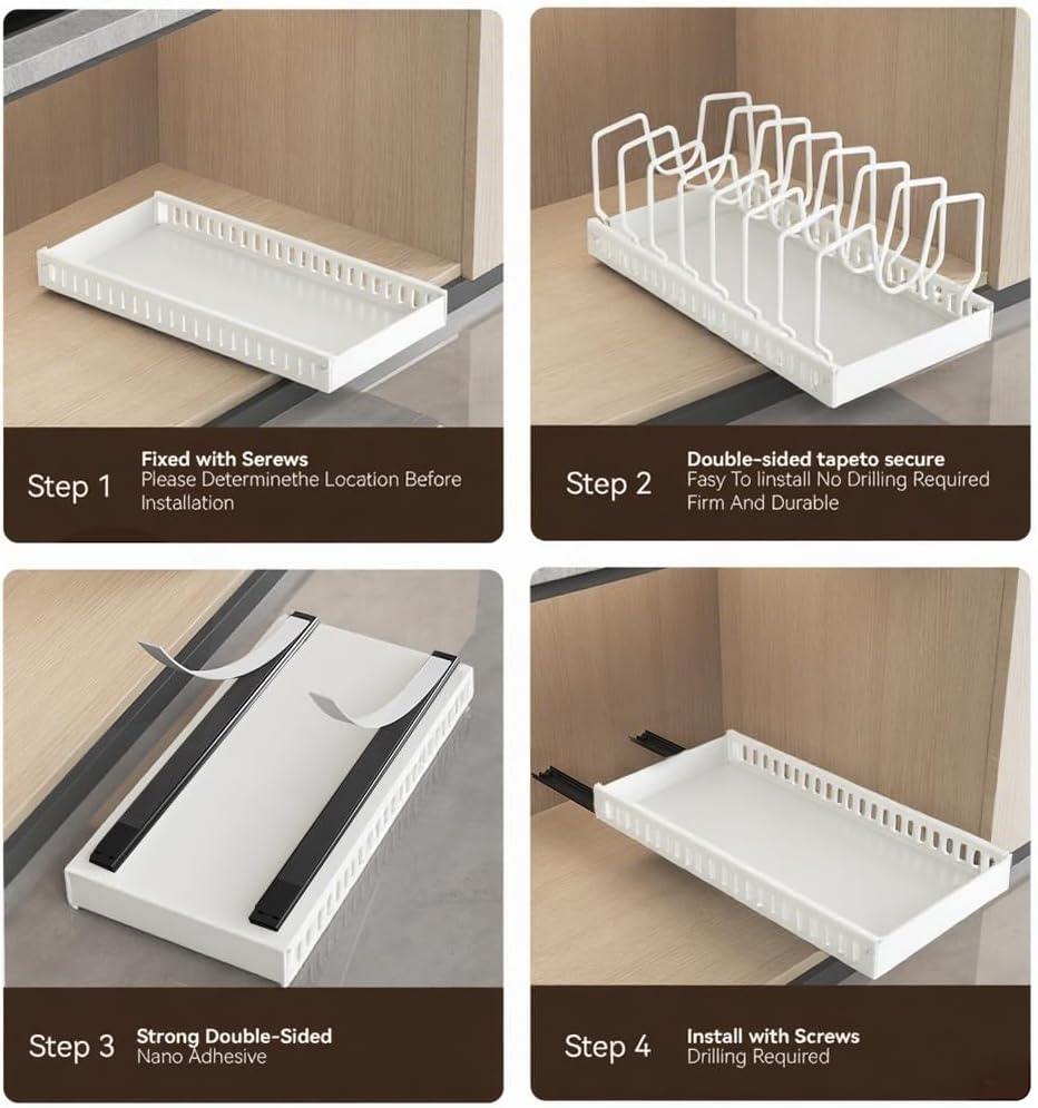 Black 2 Pack Pot Lid Organizer, Pull Out Cabinet Rack, 16 Dividers | 2-pack black carbon steel rack, 16 adjustable dividers, quiet slide rails, adhesive or screw mount for lids, pans, bakeware