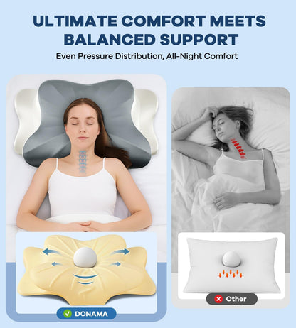 DONAMA Contour Cervical Neck Pillow for Neck Pain Relief | Queen,Ergonomic Dual-Height,Odorless Memory Foam,Side/Back/Stomach Sleepers,Cooling Hypoallergenic Cover,OEKO-TEX Certified