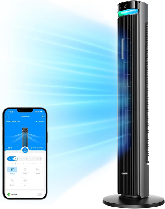 GoveeLife 42'' Tower Fan for Bedroom, Smart Floor Fans with 150° Adjustable Oscillating, APP & Voice Control, 5 Modes 12 Speeds up to 26ft/s, 24H Timer, 27dB Quiet Fan for Cooling Home Office Silver | Smart Floor Fans for Bedroom, up to 26ft/s, APP &