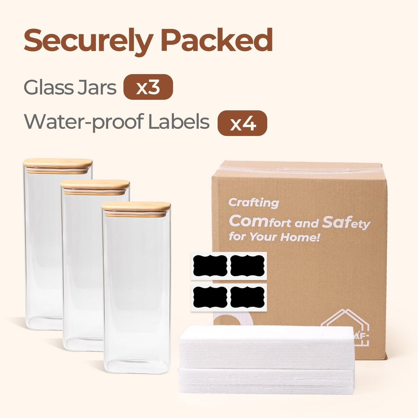 ComSaf Spice Jars 8oz Set of 6, Small Seasoning Containers with 9 Labels | Small Glass Jars With Labels, Empty Rectangle Canisters, Spice Rack Organization, Loose Tea, Herb, Powder, Dry Good, BPA Free