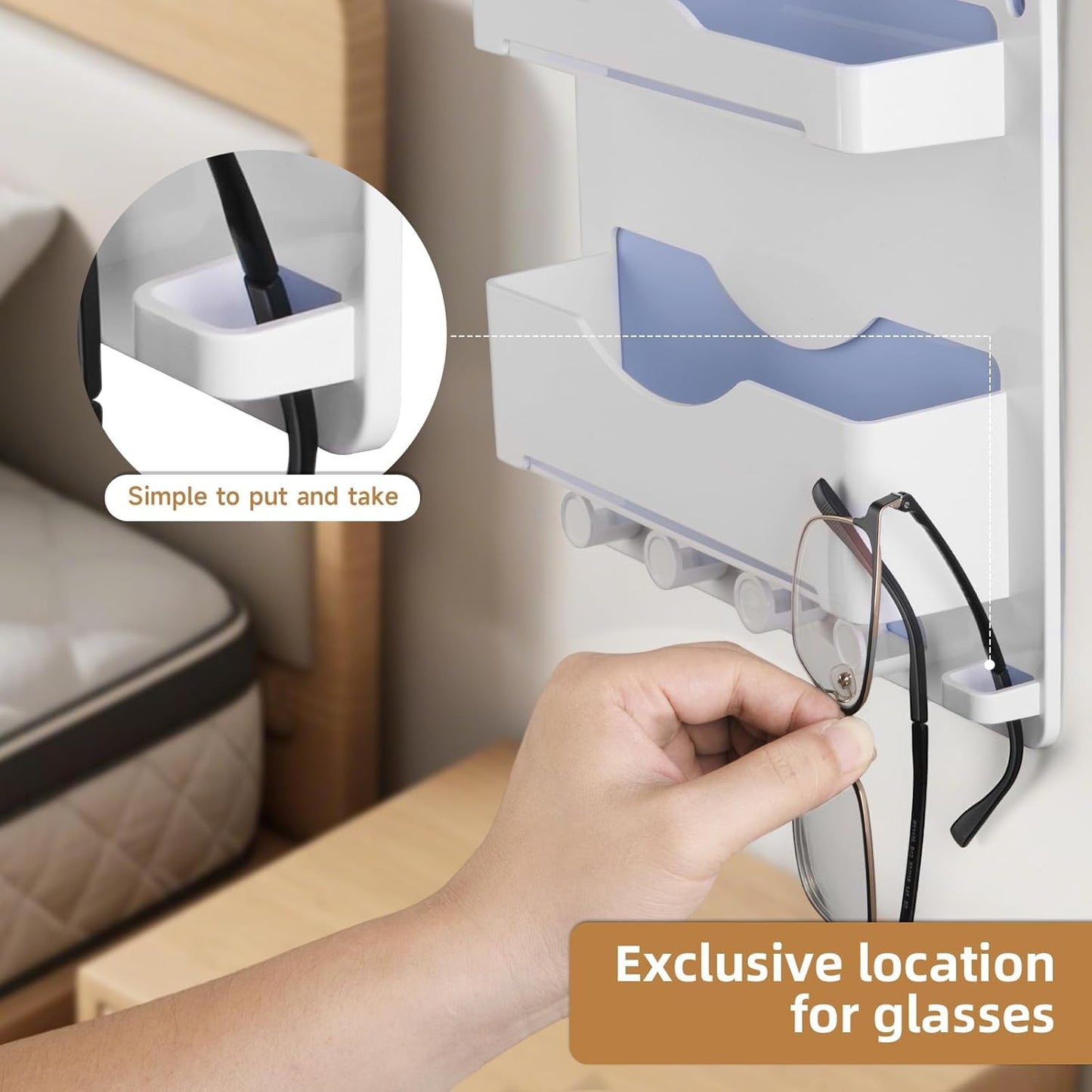 Bedside Wall Shelf with Glasses Hooks, Adhesive Bedside Organizer Wall Mount for Dorm and Room Accessories Phone，Remote，Earphone， Kindle (White)