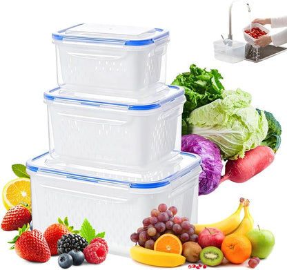 Fruit Storage Containers for Fridge, 2026 New Airtight Produce Storage Containers with Lids, Stackable Refrigerator Organizer Bins for Berries, Vegetables, Lettuce, Grapes (Blue, Small)