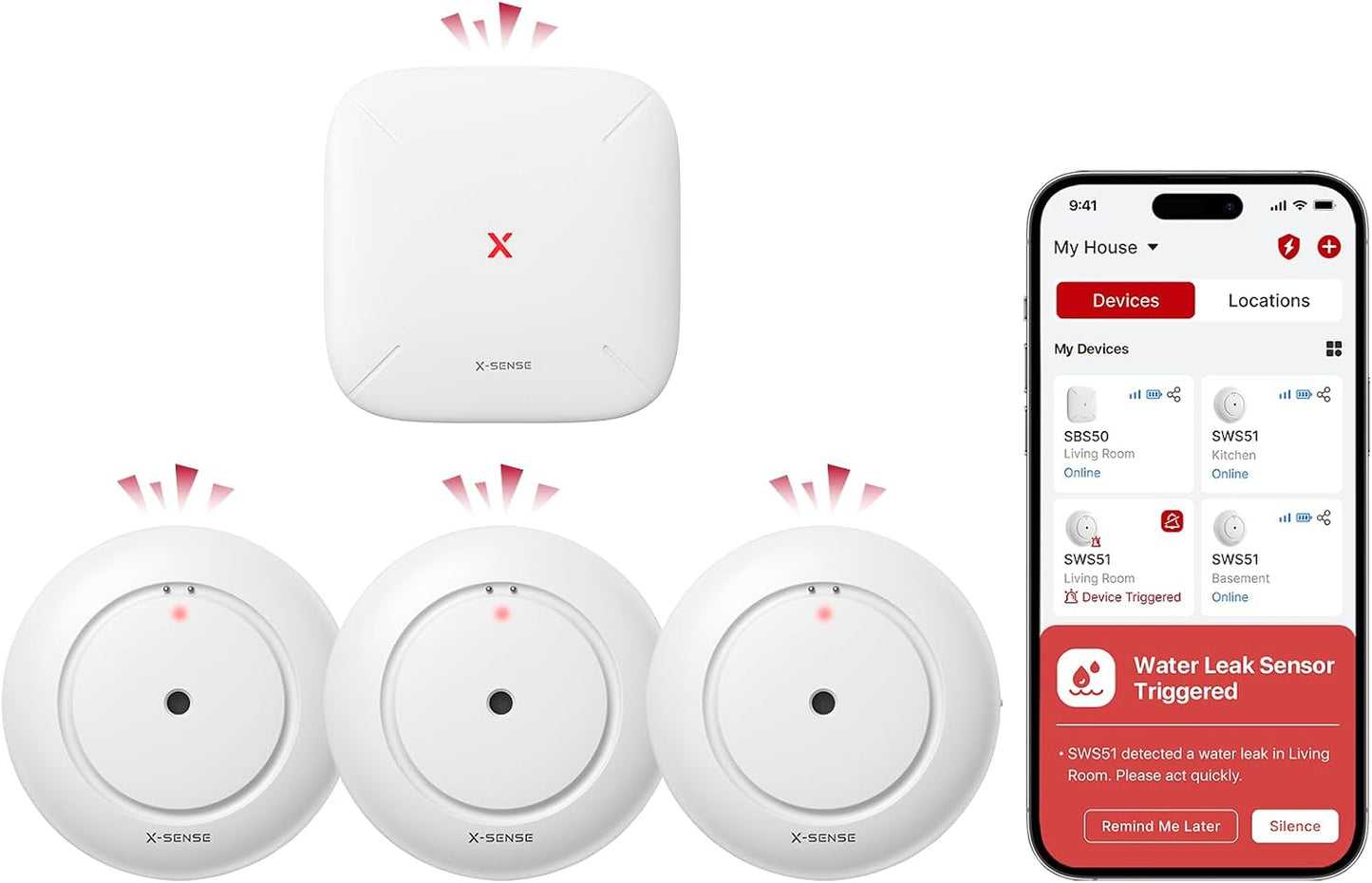 X-Sense Wi-Fi Water Leak Detector Kit, 120 dB, 3 Sensors + Base, SWS54 | Real-Time Alerts, 1804 ft Range, IP66 Waterproof, Detects Water as Low as 0.4 mm, for Sinks & Washers