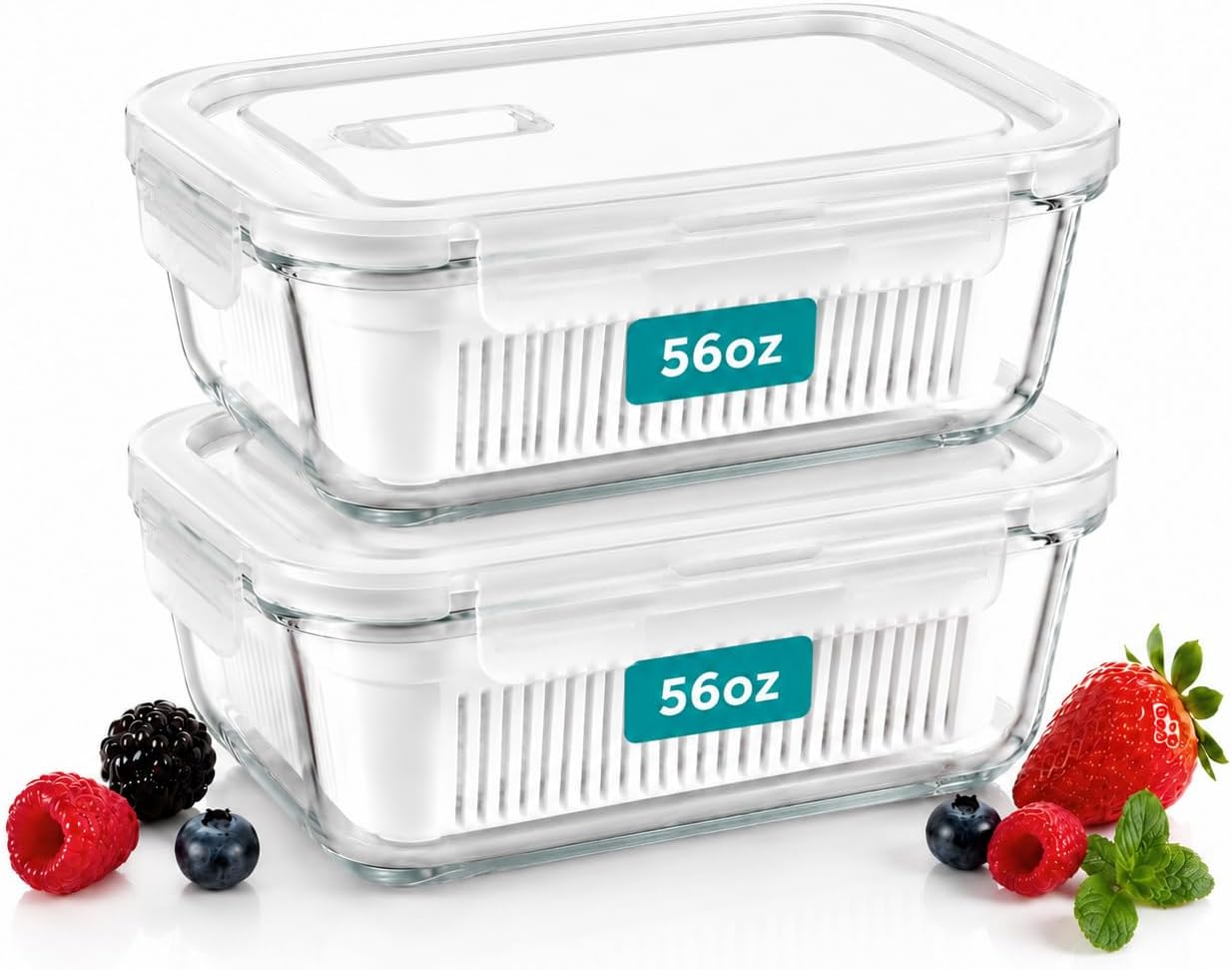 2 Pack 56oz Glass Berry Container for Fridge,with Removable Colander and Vent Valve, Fresh ProduceStorage Set（White）