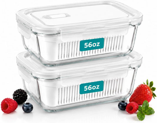 2 Pack 56oz Glass Berry Container for Fridge,with Removable Colander and Vent Valve, Fresh ProduceStorage Set（White）