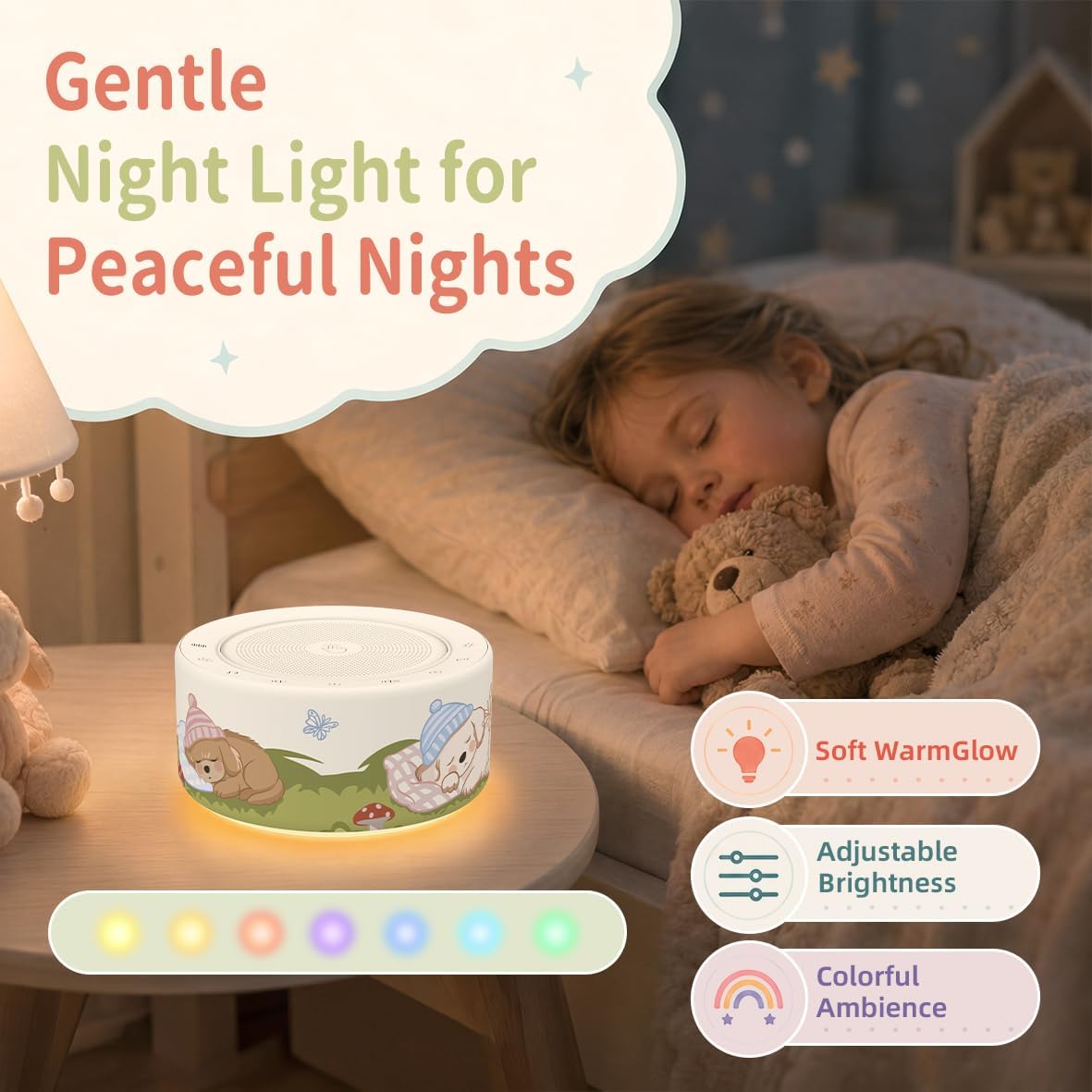 Kipcush White Noise Machine for Baby & Adults, 30 Soothing Sounds, Sleep Sound Machine with 8 Color Night Light, Memory Function, White Noise for Sleeping, Nursery, Office, Travel & Relaxation