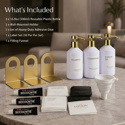 Shampoo and Conditioner Dispenser Set of 3 for Wall Mount | 16.9 fl oz Drill Free Shower Soap Bottles,Refillable Body Wash Dispensers for Bathroom Decor (Amber Bottles + Bamboo Pumps)