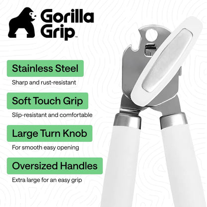 GORILLA GRIP Original Model Stainless Steel Smooth Edge Manual Can Opener and Bottle Openers, US Designed, Comfortable Handle, Oversized Handheld Turn Knob, Multifunctional Kitchen Tool, Gray
