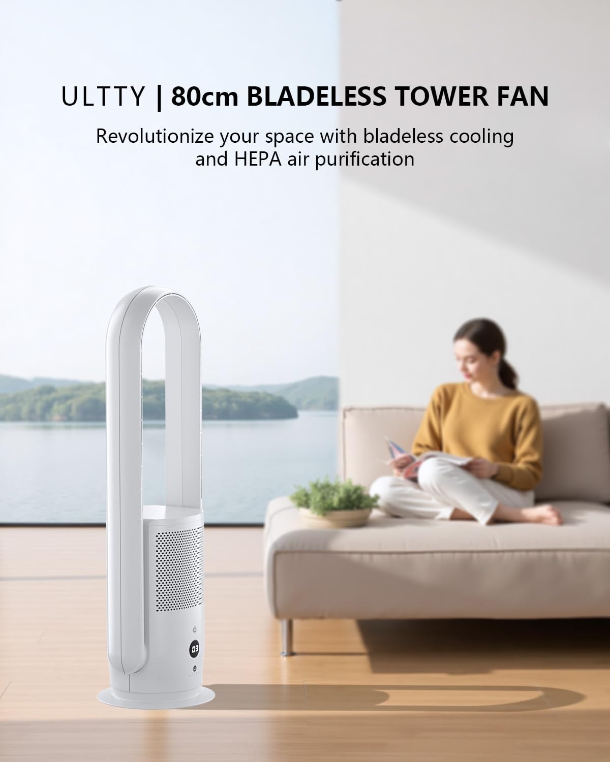 ULTTY Bladeless Tower Fan and Air Purifier Combo, Quiet Oscillating Fan with Remote & Touch Control, 9 Speeds, 8H Timer, HEPA Air Filter, Safe Floor Fan for Bedroom Home Office Black, 23.5"inch