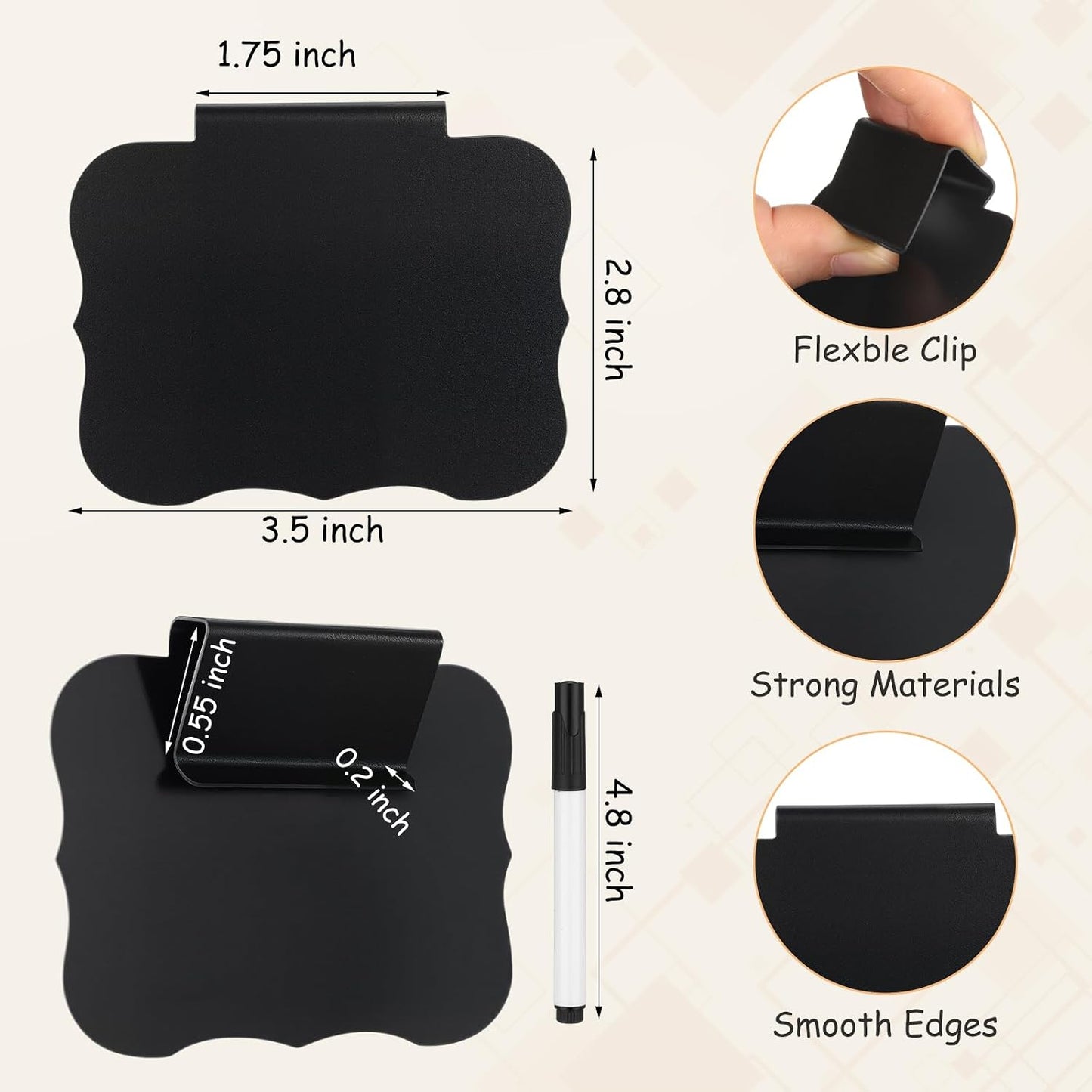 50 Pcs Black Basket Labels Clip on for Storage Bins, Removable PVC Bin Clip Labels with 4 Chalk Markers for Basket Pantry Cubes Organization Container