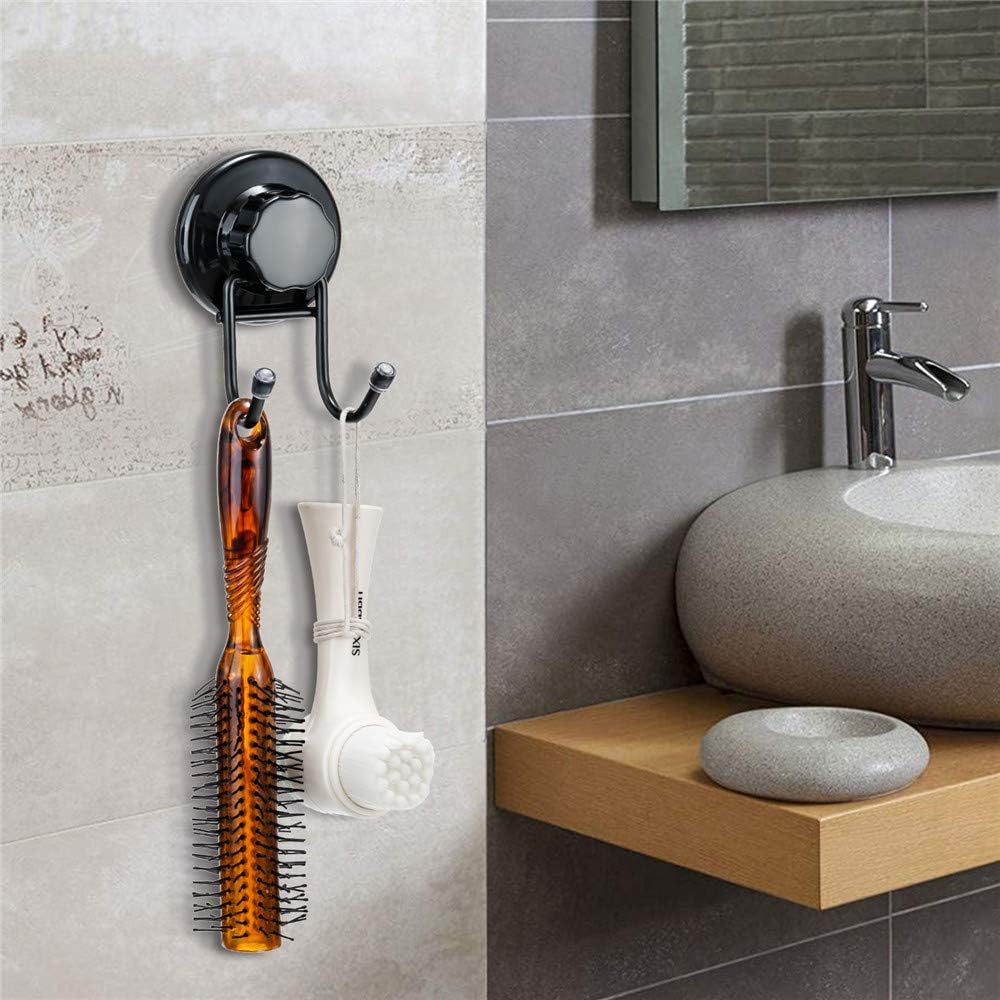 SANNO Suction Cup Hooks, Shower Squeegee Holder, Towel Robe Loofah Holder, Bathroom Kitchen Shower Wall Hooks, Bathroom Accessories, Black (2 Pack)
