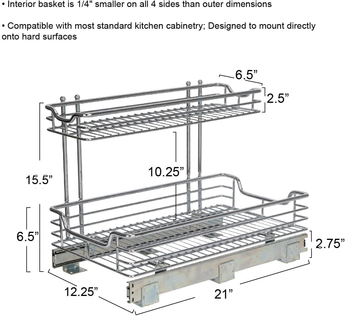 Household Essentials Glidez Multipurpose Chrome-Plated Steel Pull-Out/Slide-Out Storage Organizer for Cookware and Bakeware - 2-Tier Design - Fits Standard Size Cabinet or Shelf, Chrome
