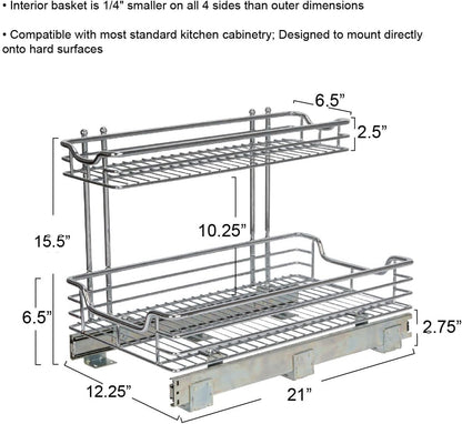 Household Essentials Glidez Multipurpose Chrome-Plated Steel Pull-Out/Slide-Out Storage Organizer for Cookware and Bakeware - 2-Tier Design - Fits Standard Size Cabinet or Shelf, Chrome
