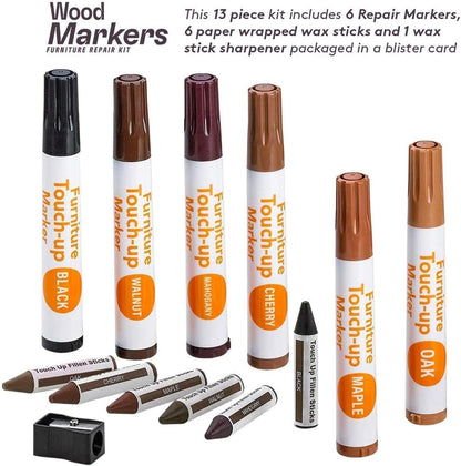 13-Piece Wood Stain and Scratch Repair Kit by Katzco - Furniture Markers and Wax Sticks - Covers Scratches, Stains and Scuffs on Floors, Cabinets and Desks - Includes Sharpener