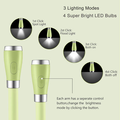 Neck Book Light LED Reading Lamp USB-C Rechargeable, Hands Free, 4 LED Bulbs, 4 Adjustable Brightness, for Reading in Bed or Reading in Car (Green)