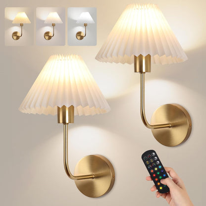 Rechargeable Battery Operated Wall Sconce Sets of 2, 15 Colors Wireless gooseneck Black Wall Lights Fixture with Dimmable Bulbs and Remote, Not Hardwired Wall Mounted Lamps for Bedroom Living Room