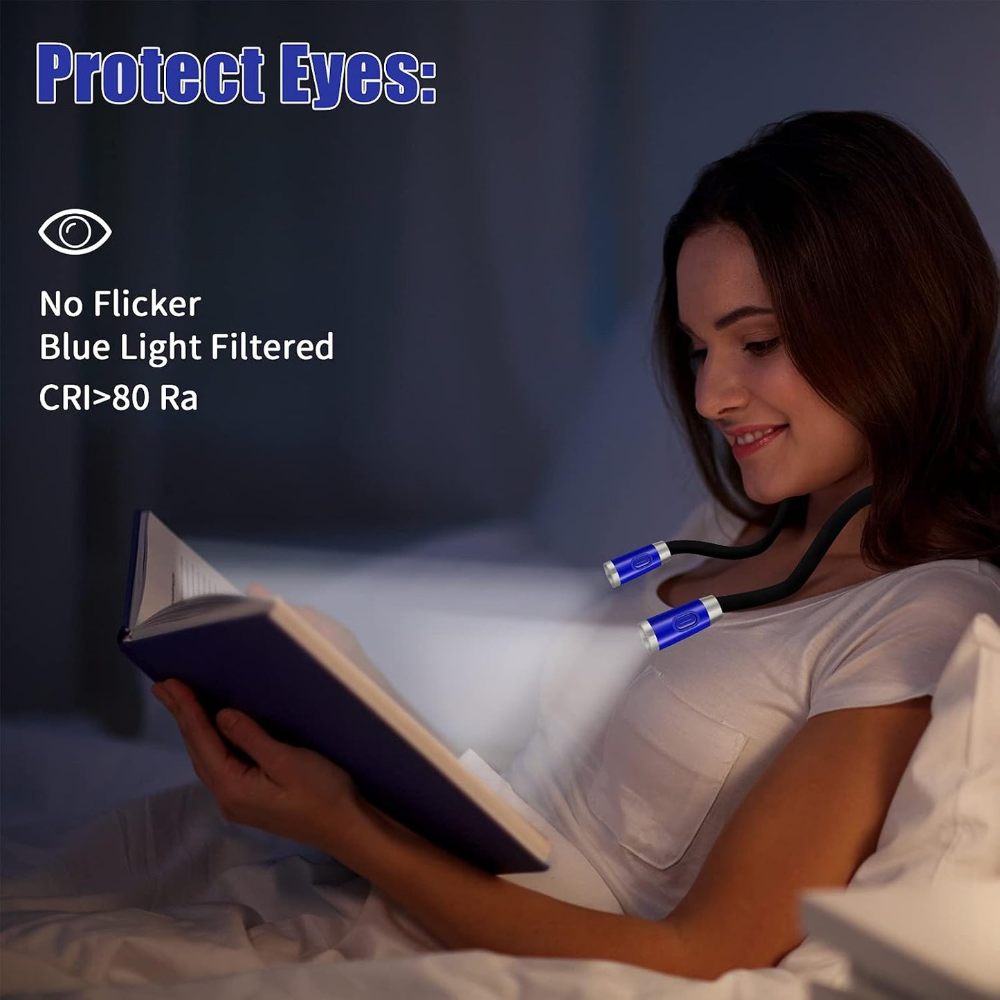 LEDBOLIK Neck Reading Light Blue, 660mAh Rechargeable Book Light for Reading in Bed – 6 Brightness, Bendable Arms, Hands Free for Knitting, Crocheting