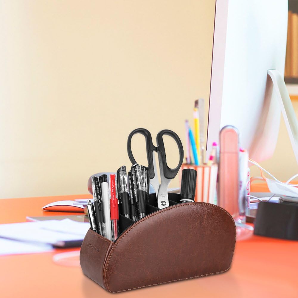SITHON Remote Control Holder with 5 Compartments | PU Leather Remote Caddy Desktop Organizer Store TV, DVD, Blu-Ray, Media Player, Heater Controllers, Stripe Black